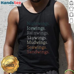Stylish tank top featuring the Nice Wings of Fire dragons and names of dragon tribes, perfect for fans of the series.
