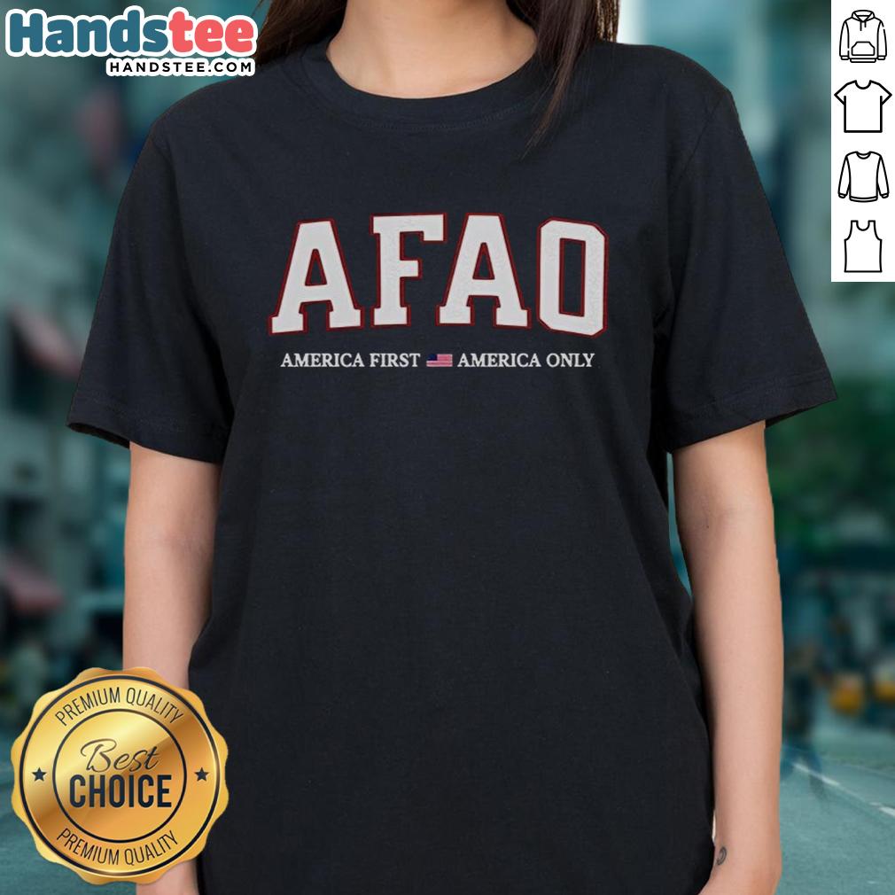America First America Only ladies tee featuring bold graphic design, perfect for patriotic womens fashion and casual wear.