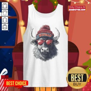 Alt Text: Official Buffalo Bills mascot wearing a beanie and sunglasses, sporting a tank top, ready for game day excitement.