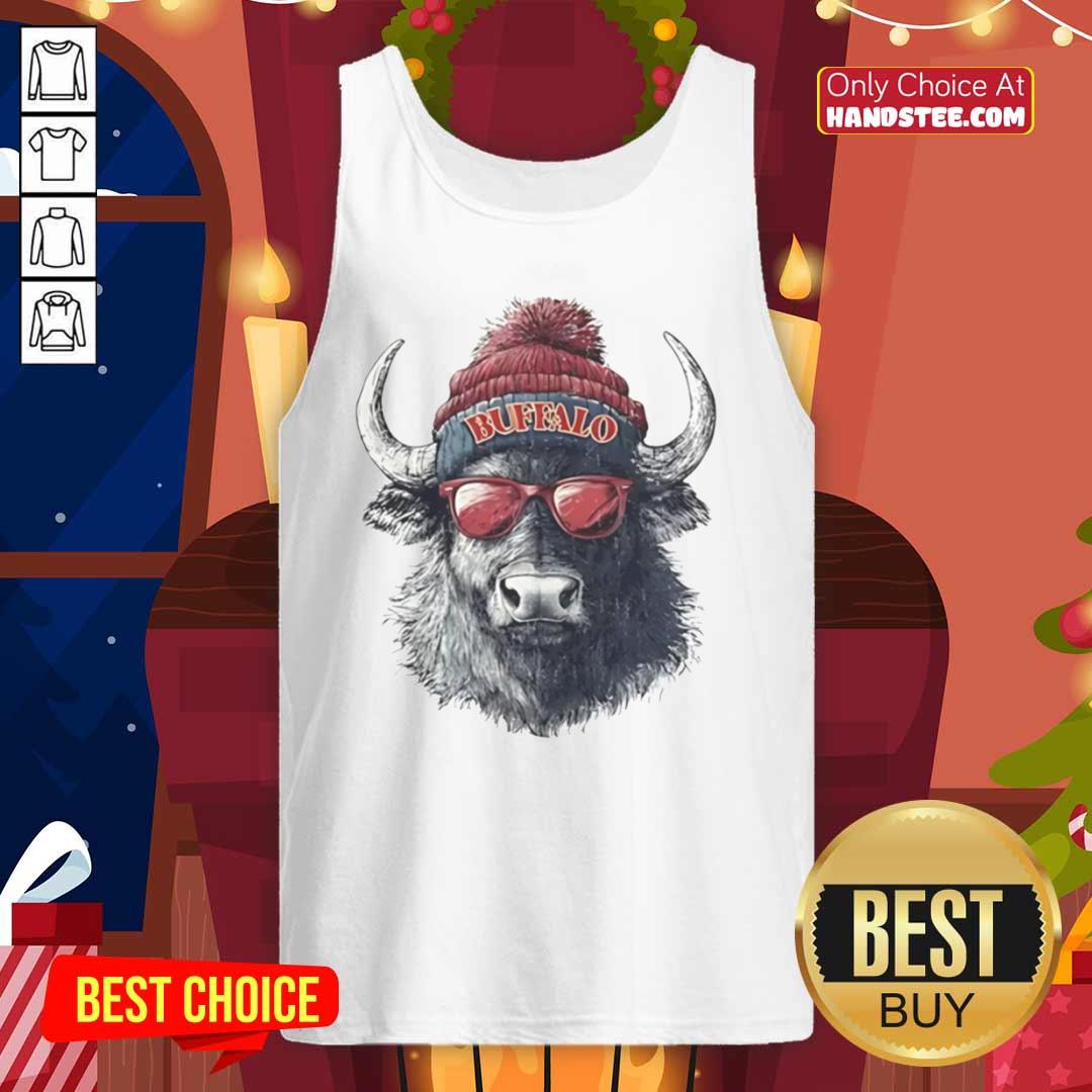 Alt Text: Official Buffalo Bills mascot wearing a beanie and sunglasses, sporting a tank top, ready for game day excitement.