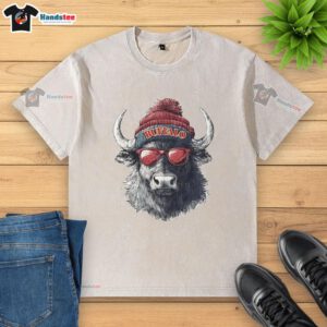 Alt Text: Official Buffalo Bills mascot wearing a beanie and sunglasses, showcasing team spirit in a washed t-shirt.