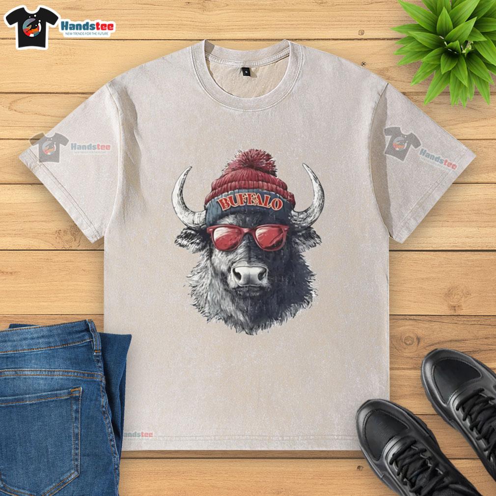 Alt Text: Official Buffalo Bills mascot wearing a beanie and sunglasses, showcasing team spirit in a washed t-shirt.