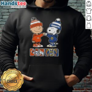 Official Charlie Brown fist bump with Snoopy in Denver City Sports Broncos X Nuggets hoodie, perfect for fans.