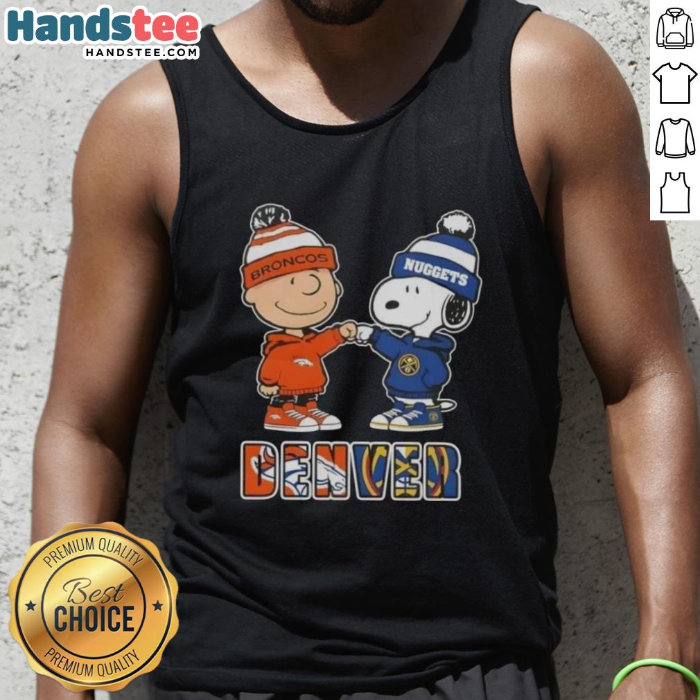 Official Charlie Brown fist bump with Snoopy on a Denver City Sports tank top for Broncos and Nuggets fans.
