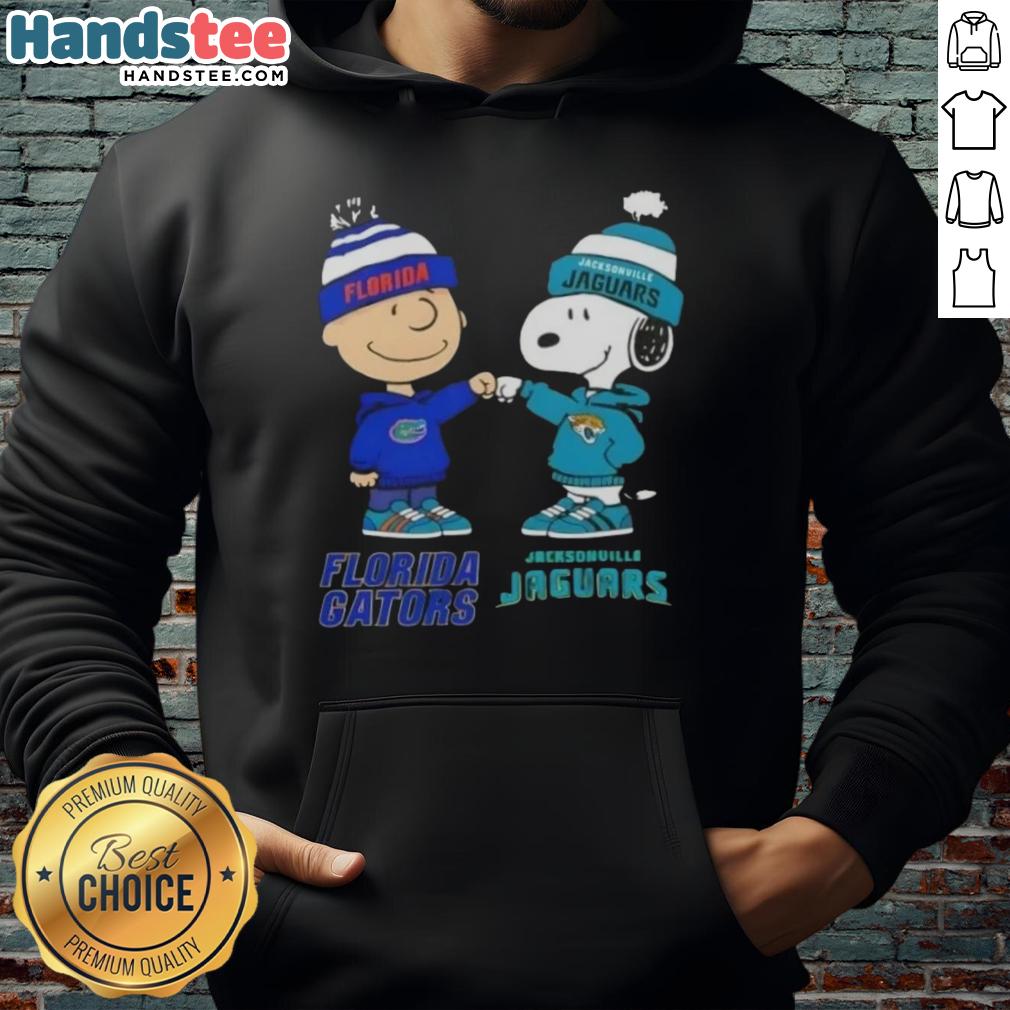 Official Charlie Brown fist bump hoodie featuring Snoopy, Florida Gators, and Jacksonville Jaguars logo design.
