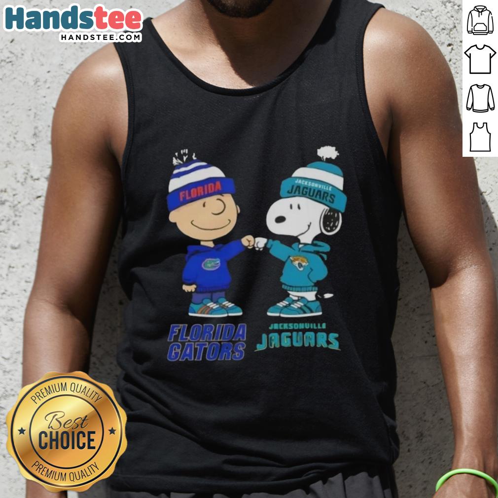 Official Charlie Brown fist bump with Snoopy on Florida Gators x Jacksonville Jaguars tank top design.
