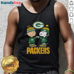 Official Charlie Brown Fist Bump Snoopy Green Bay Packers Tank Top featuring playful design for fans.