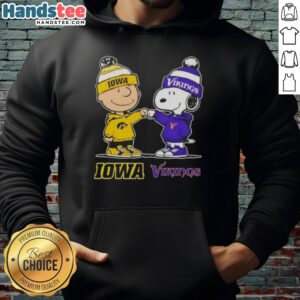 Official Charlie Brown fist bump hoodie featuring Snoopy, Iowa Hawkeyes, and Minnesota Vikings logos.