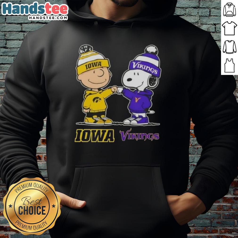 Official Charlie Brown fist bump hoodie featuring Snoopy, Iowa Hawkeyes, and Minnesota Vikings logos.