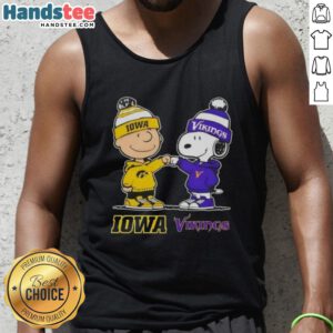 Official Charlie Brown fist bump with Snoopy on Iowa Hawkeyes x Minnesota Vikings tank top, perfect for fans.