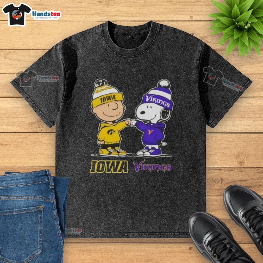 Alt Text: Official Charlie Brown fist bump with Snoopy on Iowa Hawkeyes x Minnesota Vikings washed t-shirt design.