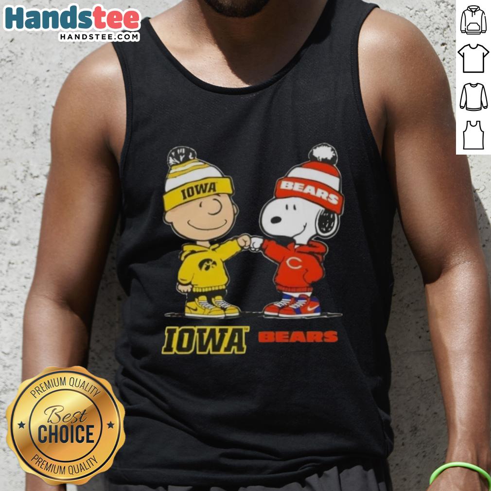 Alt Text: Official Charlie Brown fist bump with Snoopy on Iowa Hawks x Chicago Bears tank top, perfect for fans and collectors.