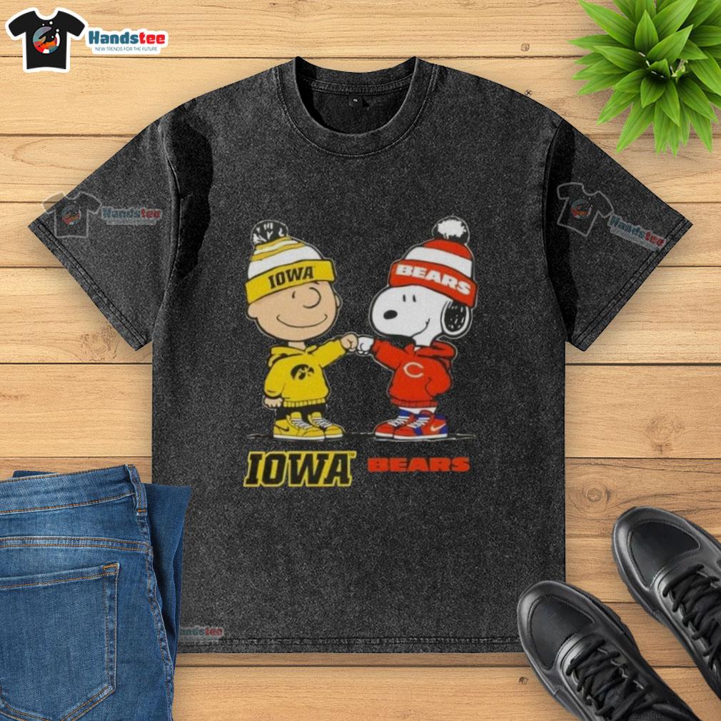 Official Charlie Brown fist bump with Snoopy on Iowa Hawks x Chicago Bears washed t-shirt, perfect for fans.