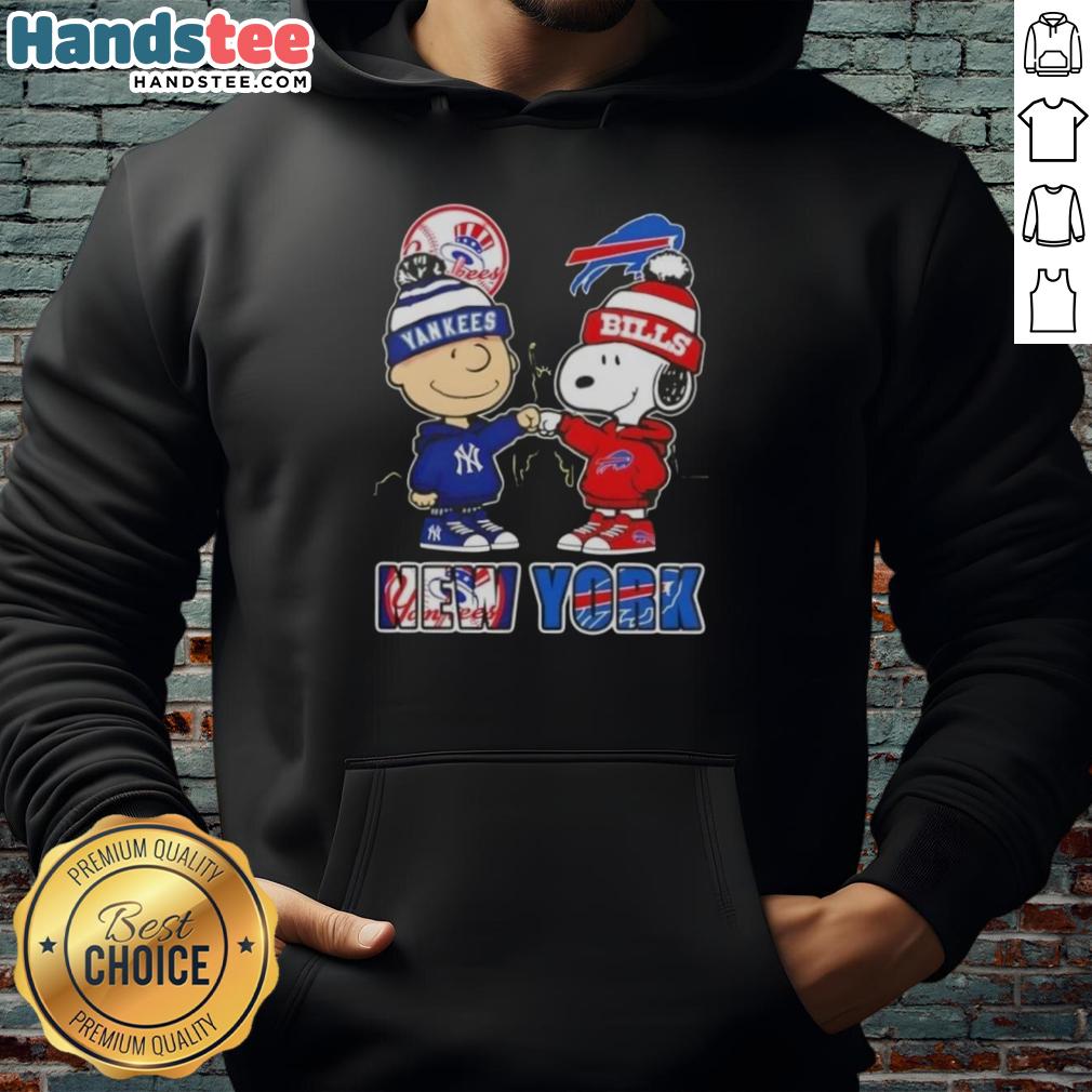 Charlie Brown fist bump with Snoopy, NYC skyline, Yankees and Buffalo Bills hoodie - perfect for sports fans.
