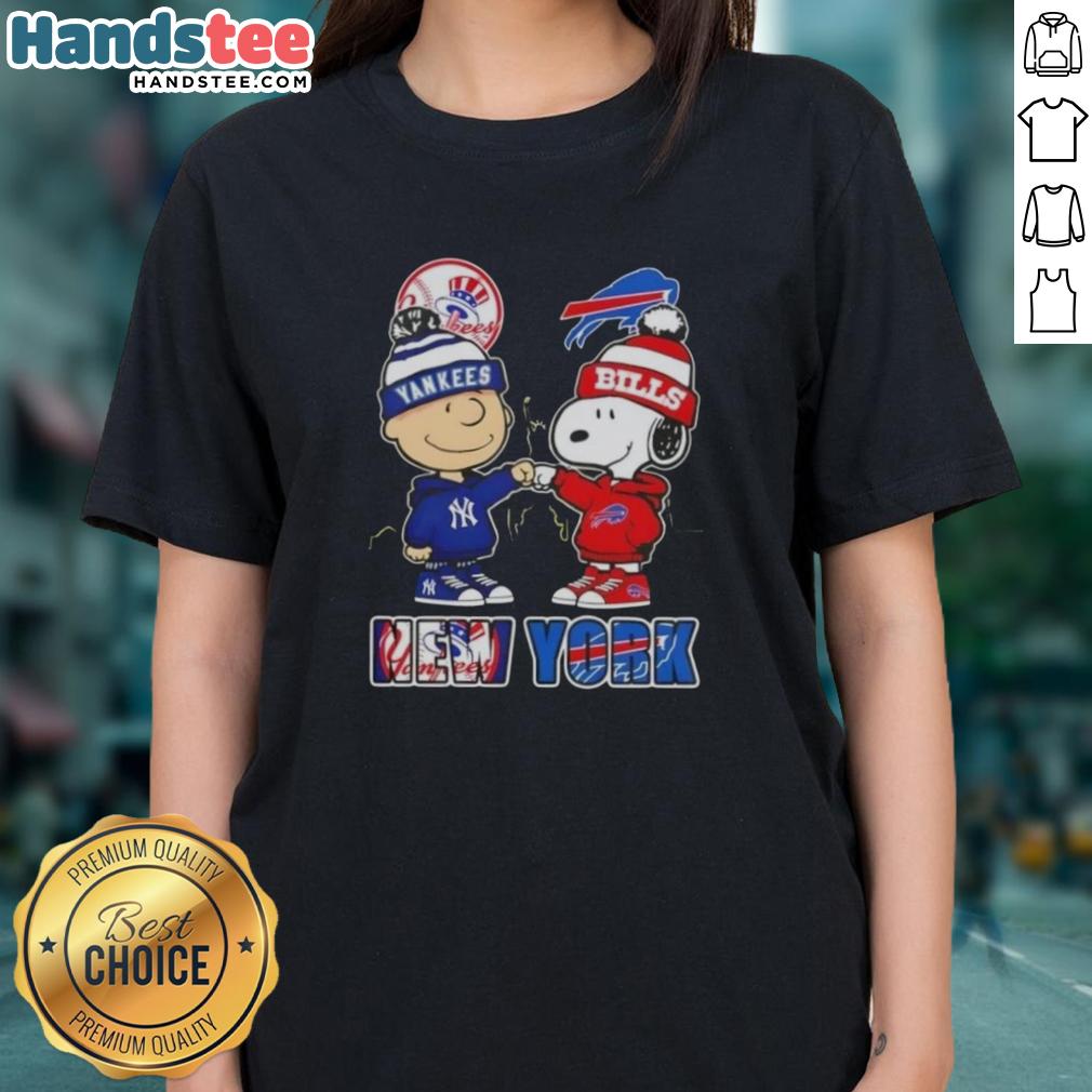 Charlie Brown fist bumping Snoopy with NYC skyline, featuring Yankees and Buffalo Bills logo on a ladies tee.