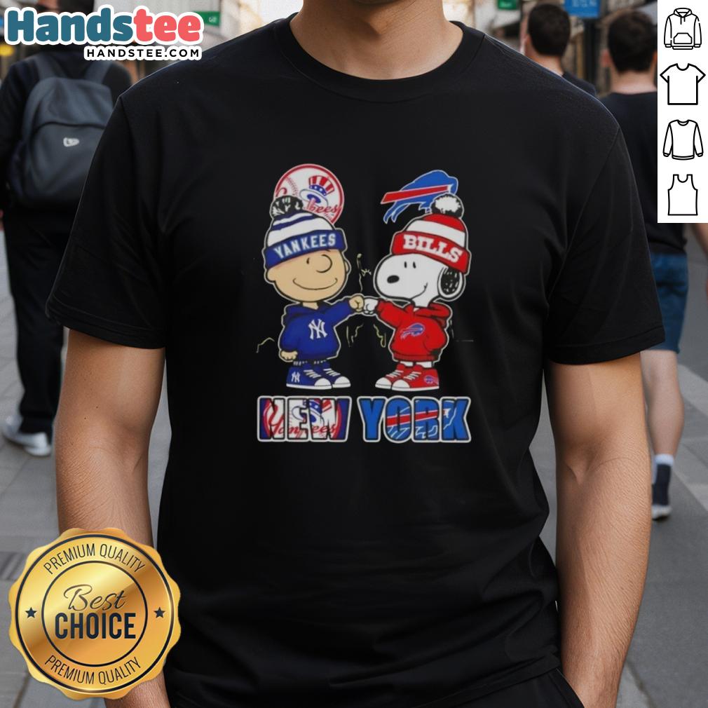 Official Charlie Brown fist bump with Snoopy in NYC sports Yankees and Buffalo Bills skyline t-shirt design.