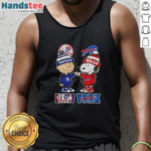 Alt Text: Charlie Brown and Snoopy fist bump in New York City, featuring Yankees and Buffalo Bills skyline on a tank top.