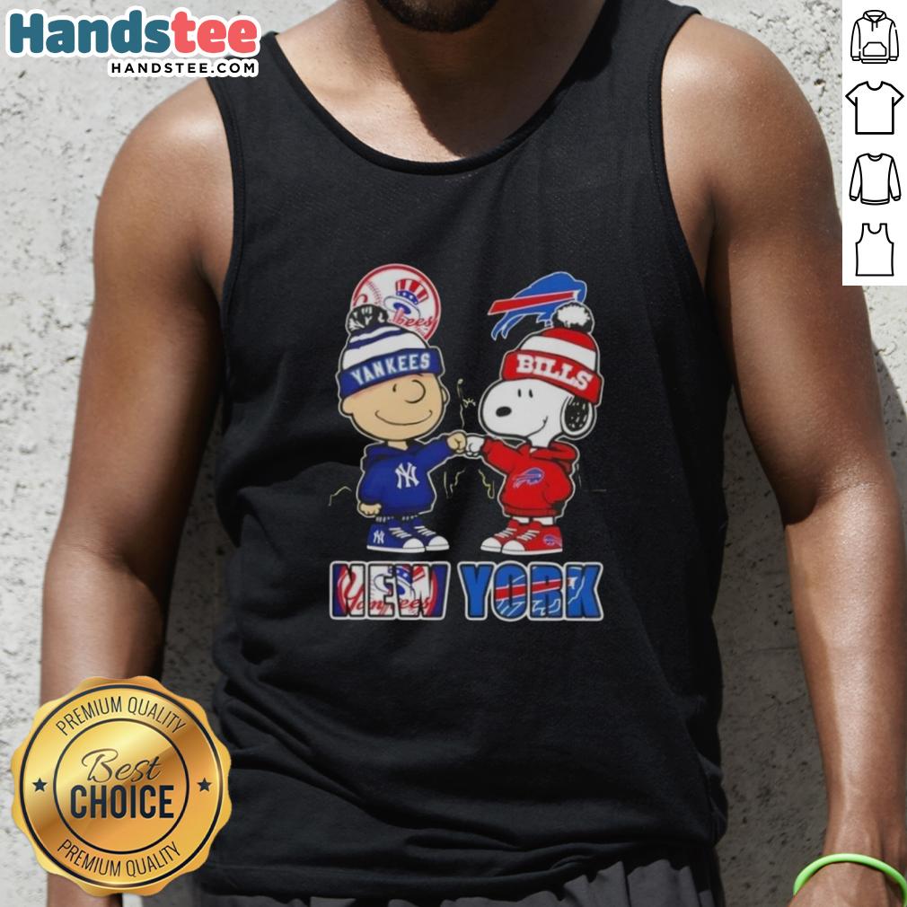 Alt Text: Charlie Brown and Snoopy fist bump in New York City, featuring Yankees and Buffalo Bills skyline on a tank top.