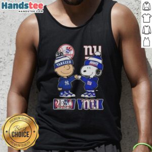 Official Charlie Brown fist bump with Snoopy, NYC skyline, featuring Yankees and Giants, on a stylish tank top.