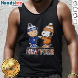 Official Charlie Brown fist bump with Snoopy in New York City sports tank top featuring Yankees and Knicks design.