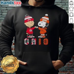 Official Charlie Brown fist bump with Snoopy on Ohio City sports hoodie featuring Buckeyes and Cleveland Browns logos.