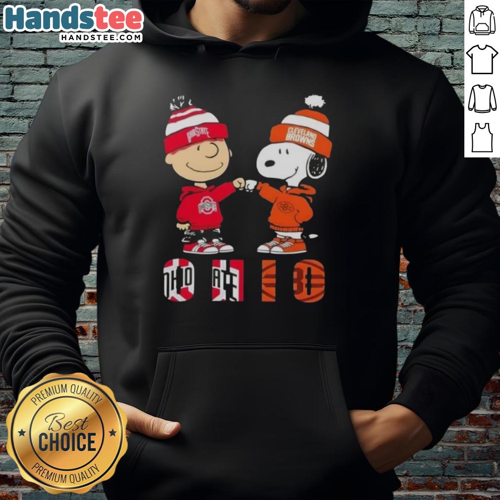 Official Charlie Brown fist bump with Snoopy on Ohio City sports hoodie featuring Buckeyes and Cleveland Browns logos.
