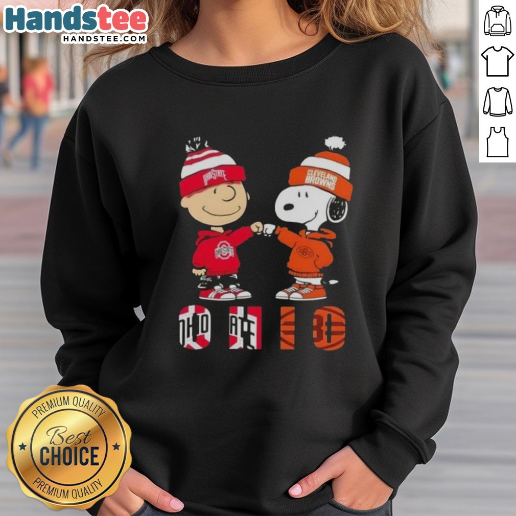 Official Charlie Brown fist bump with Snoopy on Ohio City sports sweatshirt featuring Buckeyes and Cleveland Browns design.