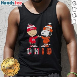 Official Charlie Brown fist bump with Snoopy, featuring Ohio State Buckeyes and Cleveland Browns tank top design.
