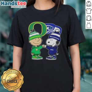 Alt Text: Official Charlie Brown fist bump with Snoopy on Oregon Ducks x Seattle Seahawks ladies tee shirt design.