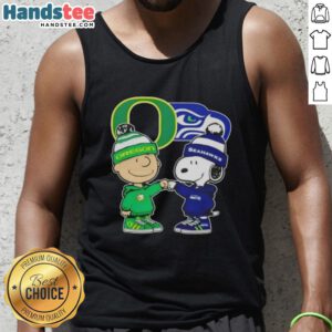 Official Charlie Brown fist bump with Snoopy on Oregon Ducks x Seattle Seahawks tank top design.