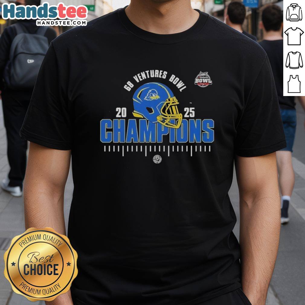 Delaware Fighting Blue Hens NCAA Football 2025 Ventures Bowl Champions T-Shirt featuring team colors and logo.