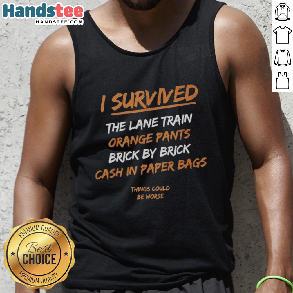 I Survived The Lane Train tank top in orange, featuring brick-by-brick cash-in paper bags design.
