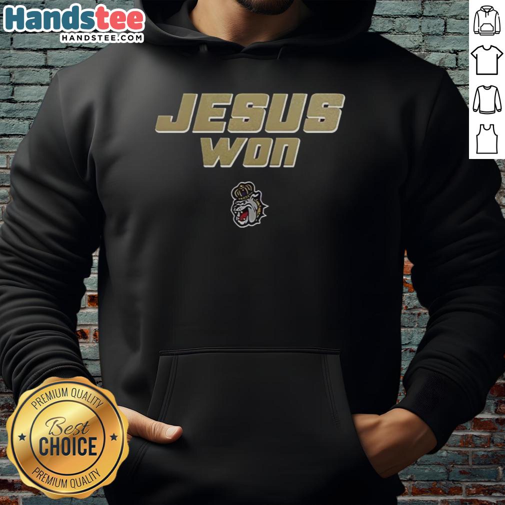 Official James Madison Dukes Football hoodie featuring 'Jesus Won' design, perfect for fans and game day wear.