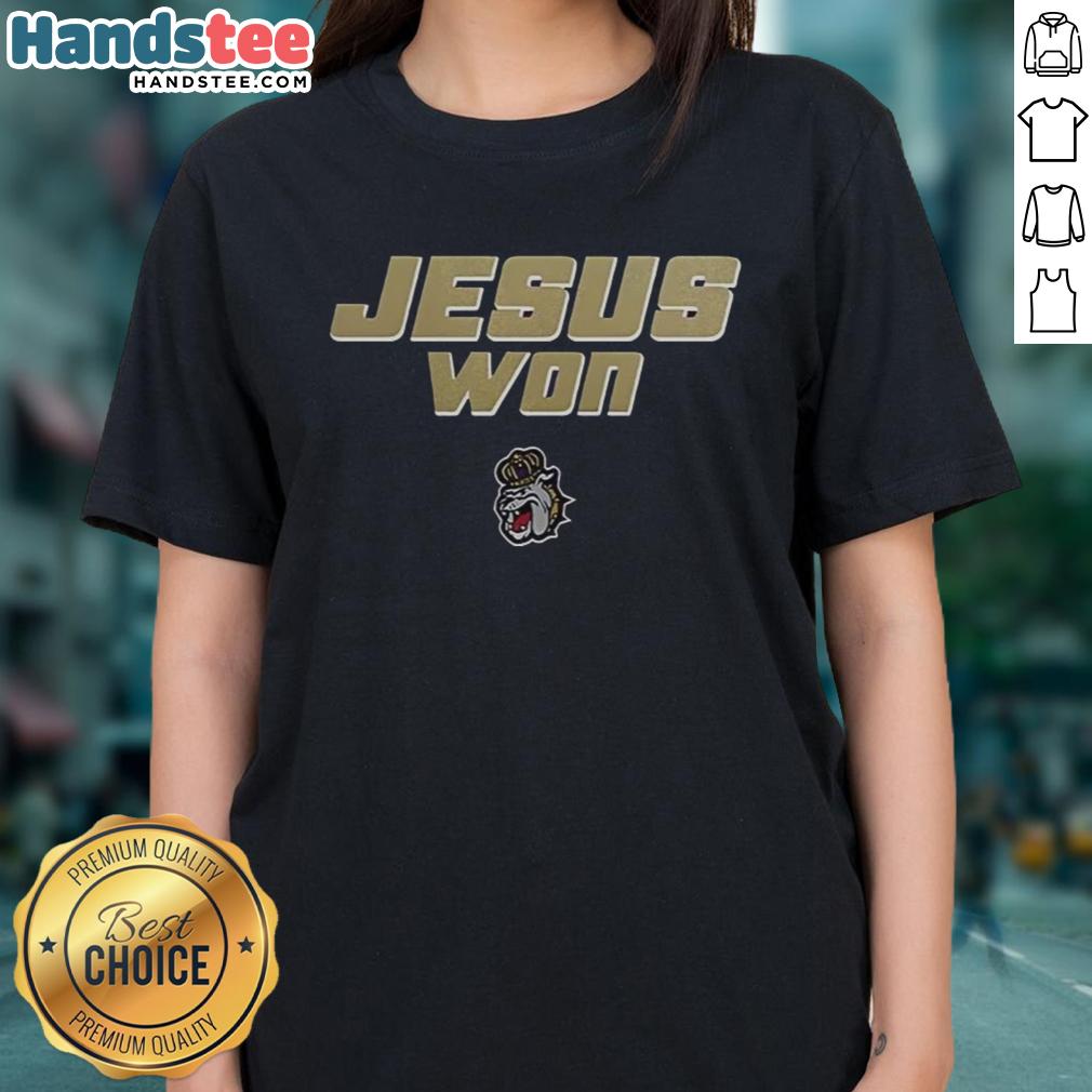 Official James Madison Dukes Football Jesus Won Ladies Tee featuring team logo and vibrant design for fans.