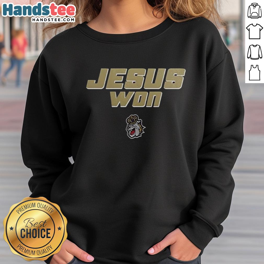 Alt Text: Official James Madison Dukes Football sweatshirt featuring 'Jesus Won' design, perfect for fans and casual wear.