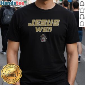 Official James Madison Dukes Football Jesus Won T-Shirt featuring team colors and logo, perfect for fans and game day.