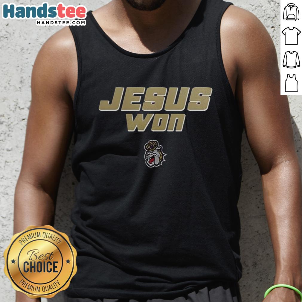 Official James Madison Dukes Football Jesus Won Tank Top design featuring team colors and graphics for fans.