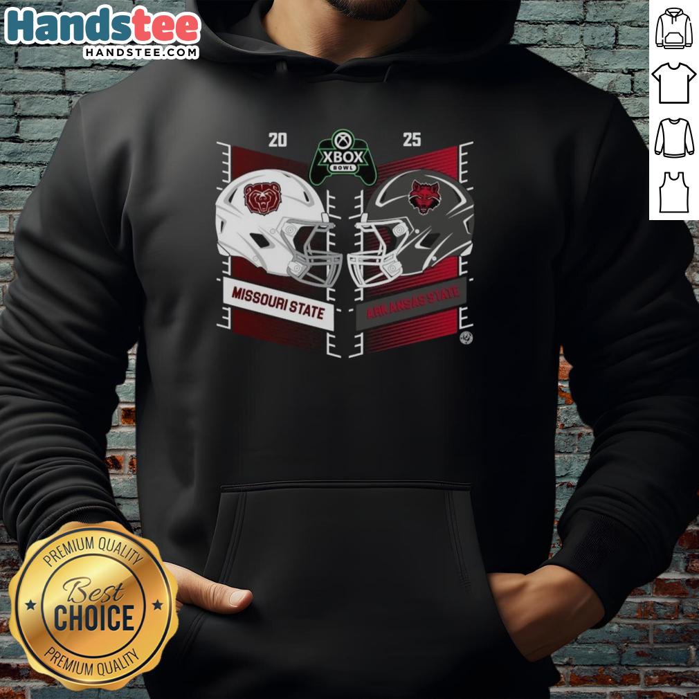 Alt Text: 2025 Xbox Bowl hoodie featuring Missouri State Bears vs Arkansas State Red Wolves helmet design.
