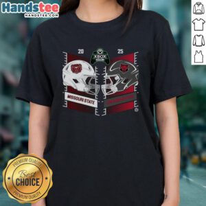 Alt Text: Official Missouri State Bears vs Arkansas State Red Wolves 2025 Xbox Bowl helmet graphic on ladies tee shirt.