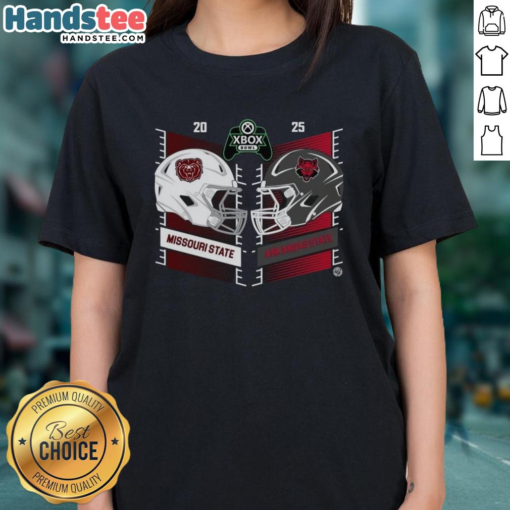 Alt Text: Official Missouri State Bears vs Arkansas State Red Wolves 2025 Xbox Bowl helmet graphic on ladies tee shirt.