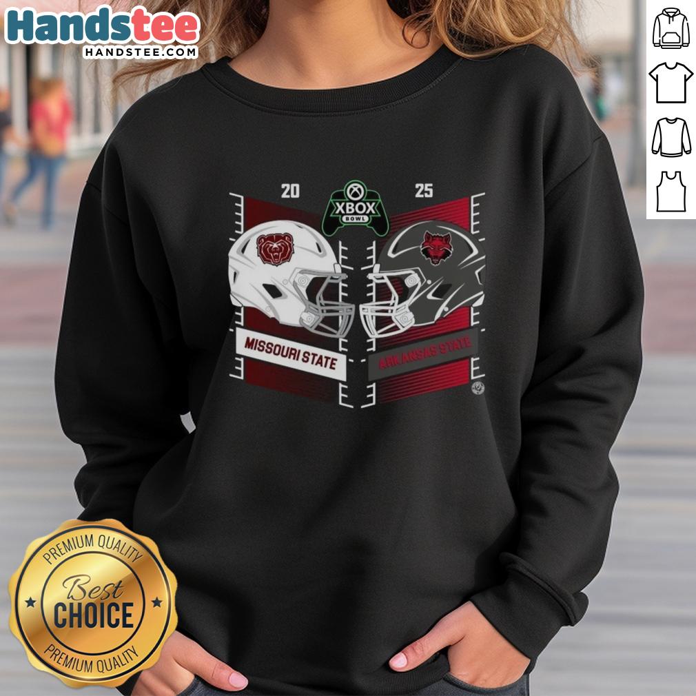 Alt Text: Official Missouri State Bears vs Arkansas State Red Wolves 2025 Xbox Bowl helmet sweatshirt featuring team logos.