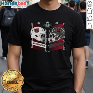 Official Missouri State Bears vs Arkansas State Red Wolves 2025 Xbox Bowl helmet T-shirt featuring team logos and vibrant colors.