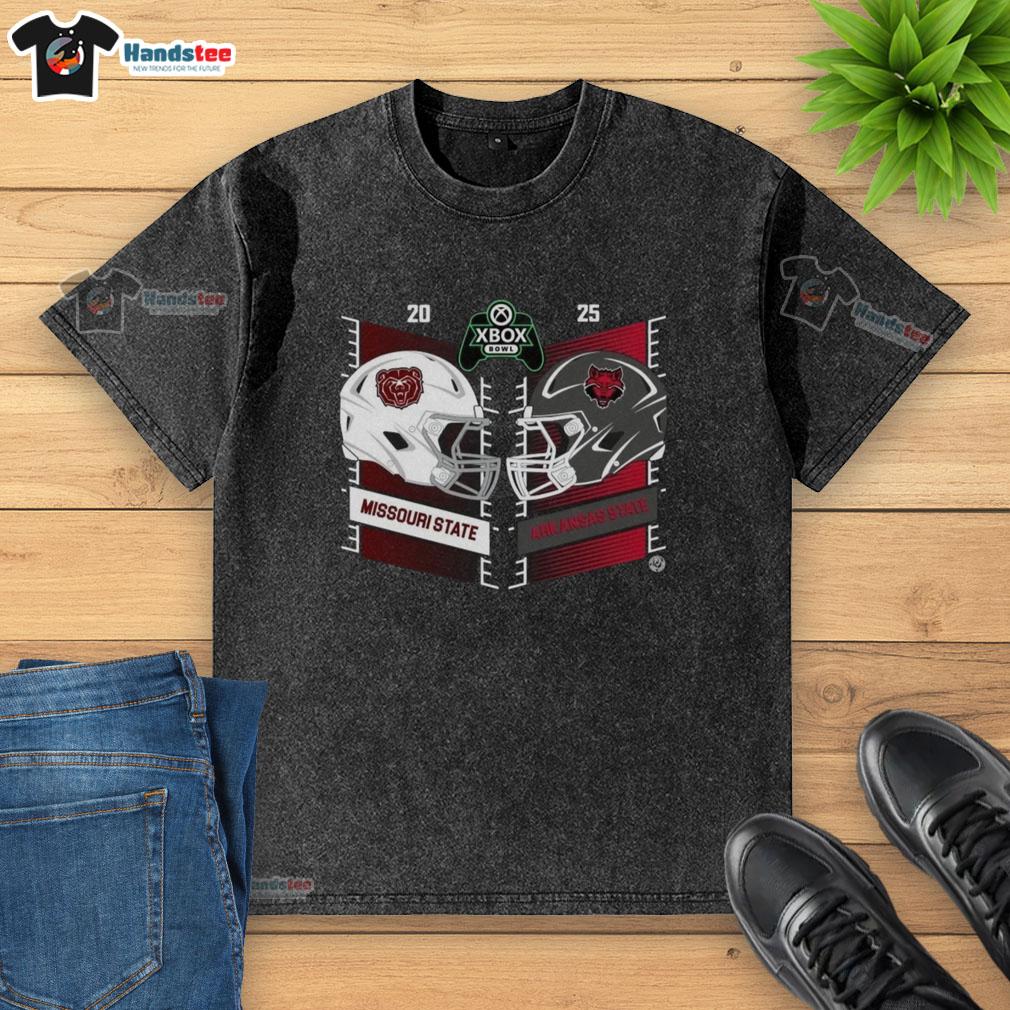 2025 Xbox Bowl Helmet Washed T-Shirt featuring official Missouri State Bears vs Arkansas State Red Wolves design.