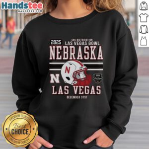 Alt Text: Official Nebraska Huskers football 2025 Las Vegas Bowl bound helmet sweatshirt showcasing team spirit and style.