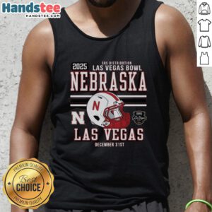 Official Nebraska Huskers Football 2025 Las Vegas Bowl Bound Helmet Tank Top featuring team colors and logo design.
