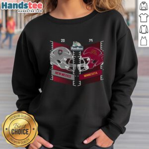 Alt Text: 2025 Rate Bowl sweatshirt featuring helmets of New Mexico Lobos vs Minnesota Golden Gophers in head-to-head design.