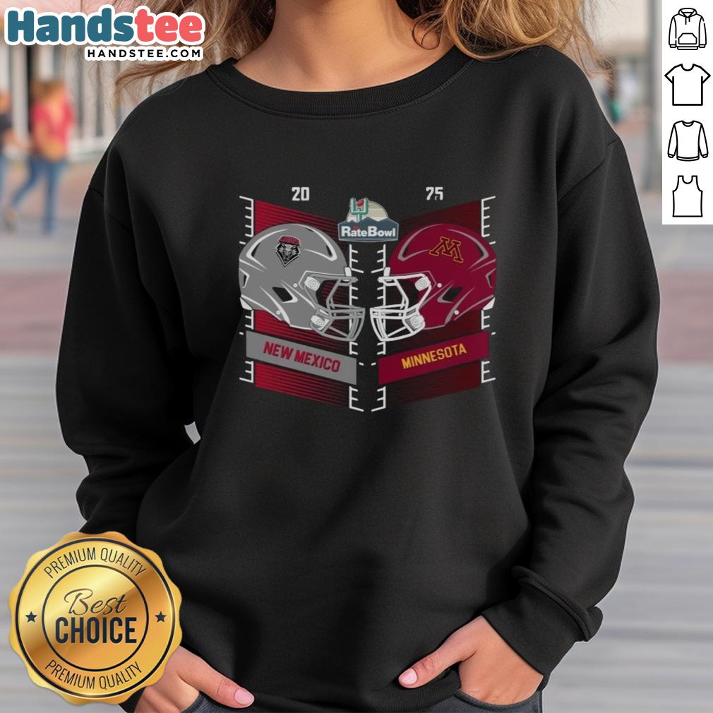 Alt Text: 2025 Rate Bowl sweatshirt featuring helmets of New Mexico Lobos vs Minnesota Golden Gophers in head-to-head design.