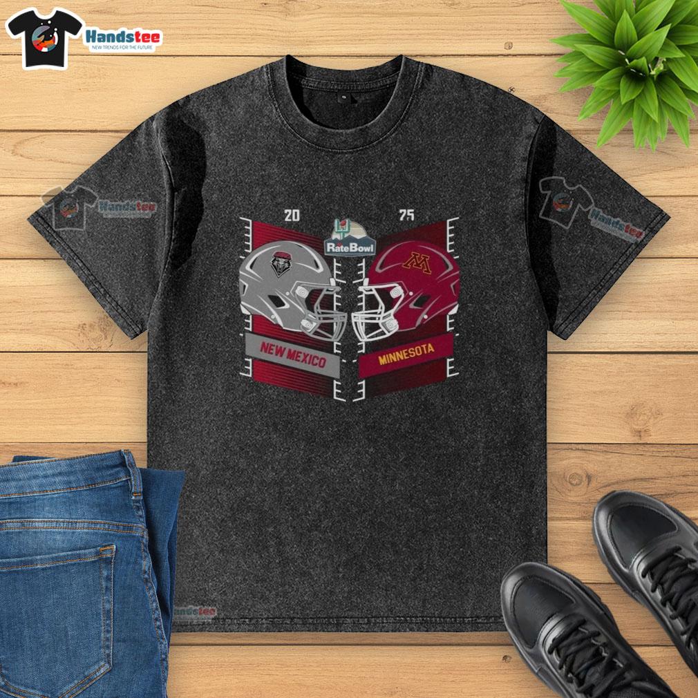 Official New Mexico Lobos vs. Minnesota Golden Gophers 2025 Rate Bowl head-to-head helmet on a washed T-shirt.