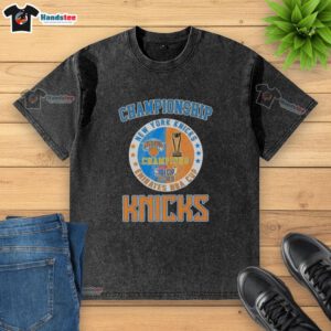 Official New York Knicks Championship Emirates NBA Cup 2025 washed t-shirt featuring team colors and logo.