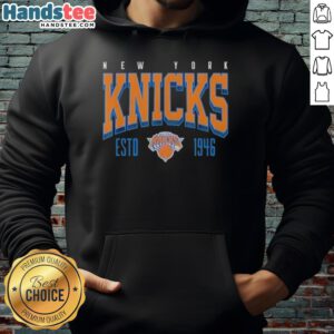 Alt Text: Official New York Knicks NBA Battle Tested hoodie, established 1946, showcasing team colors and logo design.